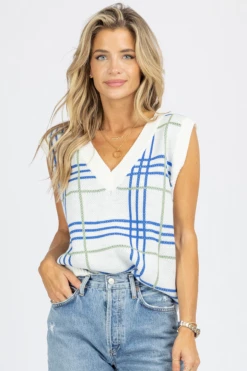 BAILEY ROSE NEW ARRIVALS WHITE + BLUE PLAID SWEATER VEST