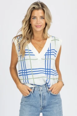 BAILEY ROSE NEW ARRIVALS WHITE + BLUE PLAID SWEATER VEST