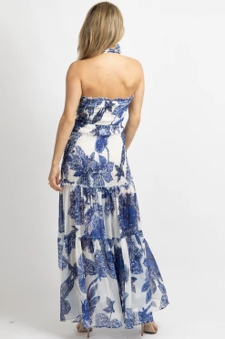 LUXXEL WHITE + BLUE SMOCKED FLORAL MAXI DRESS