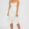 SUNDAY UP IVORY + PALE BLUE LEAF MIDI DRESS CLOTHING