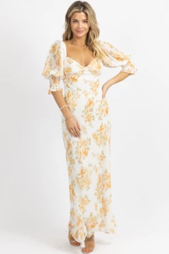 LUXXEL WHITE + PEACH DREAMY FLORAL MAXI DRESS NEW ARRIVALS