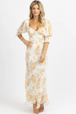 LUXXEL WHITE + PEACH DREAMY FLORAL MAXI DRESS NEW ARRIVALS