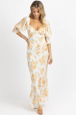 LUXXEL WHITE + PEACH DREAMY FLORAL MAXI DRESS NEW ARRIVALS