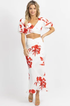 LUXXEL WHITE + RED FLORAL BUTTON SKIRT SET NEW ARRIVALS