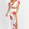 LUXXEL WHITE + RED FLORAL BUTTON SKIRT SET NEW ARRIVALS