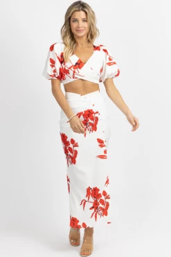 LUXXEL WHITE + RED FLORAL BUTTON SKIRT SET NEW ARRIVALS