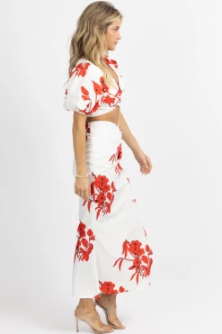 LUXXEL WHITE + RED FLORAL BUTTON SKIRT SET NEW ARRIVALS