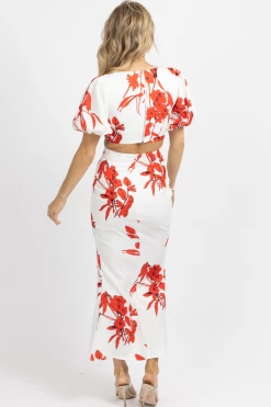 LUXXEL WHITE + RED FLORAL BUTTON SKIRT SET NEW ARRIVALS