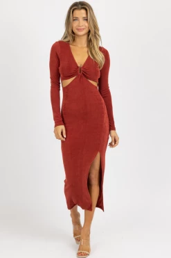 FORE COLLECTION WINE CUTOUT SLINKY SIDE SLIT MIDI DRESS NEW ARRIVALS