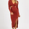 FORE COLLECTION WINE CUTOUT SLINKY SIDE SLIT MIDI DRESS NEW ARRIVALS