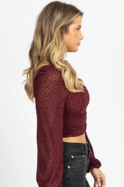 ENDLESS BLU NEW ARRIVALS CABERNET DOTTED ASYMMETRIC RUCHED TOP