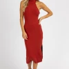 FORE COLLECTION WINE HALTER MOCK NECK SLIT MIDI DRESS NEW ARRIVALS