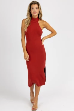 FORE COLLECTION WINE HALTER MOCK NECK SLIT MIDI DRESS NEW ARRIVALS