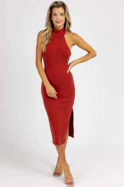 FORE COLLECTION WINE HALTER MOCK NECK SLIT MIDI DRESS NEW ARRIVALS