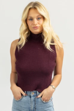 SHE & SKY PLUM MOCK NECK KNIT TANK