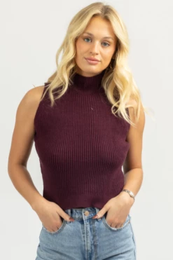 SHE & SKY PLUM MOCK NECK KNIT TANK