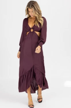 ENDLESS BLU NEW ARRIVALS WINE O-RING CUT OUT MAXI DRESS