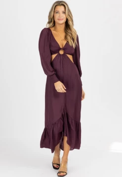 ENDLESS BLU NEW ARRIVALS WINE O-RING CUT OUT MAXI DRESS