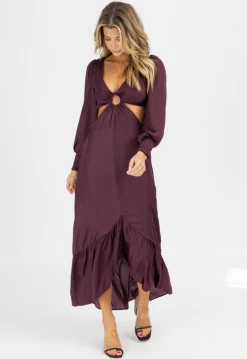 ENDLESS BLU NEW ARRIVALS WINE O-RING CUT OUT MAXI DRESS
