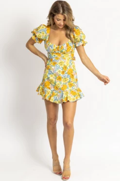 ONE AND ONLY YELLOW PUFF SLEEVE MULTI-FLORAL MINI DRESSS NEW ARRIVALS
