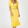 DEE ELLY YELLOW FLORAL SIDE-TIE SATIN MIDI SET