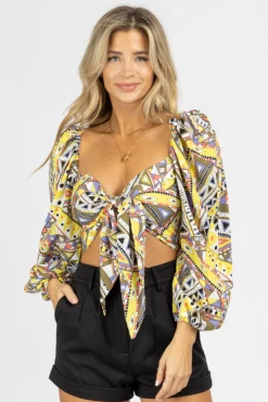 SUNDAY UP YELLOW GEOMETRIC TIE FRONT BLOUSE CLOTHING