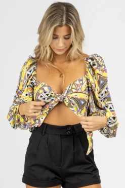 SUNDAY UP YELLOW GEOMETRIC TIE FRONT BLOUSE CLOTHING