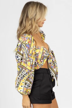 SUNDAY UP YELLOW GEOMETRIC TIE FRONT BLOUSE CLOTHING