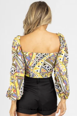 SUNDAY UP YELLOW GEOMETRIC TIE FRONT BLOUSE CLOTHING