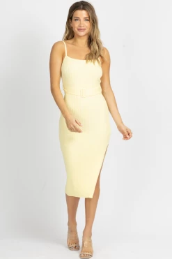 ENDLESS BLU NEW ARRIVALS LEMON BELTED KNIT MIDI DRESS
