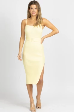 ENDLESS BLU NEW ARRIVALS LEMON BELTED KNIT MIDI DRESS