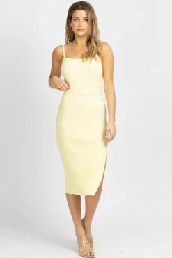 ENDLESS BLU NEW ARRIVALS LEMON BELTED KNIT MIDI DRESS