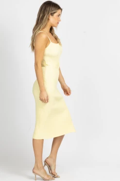 ENDLESS BLU NEW ARRIVALS LEMON BELTED KNIT MIDI DRESS