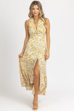 FORE COLLECTION YELLOW MULTIFLORAL WRAP MAXI DRESS NEW ARRIVALS