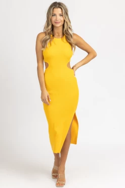 FORE COLLECTION YELLOW OPEN-SIDE RIBBED MIDI DRESS *BACK IN STOCK* BEST SELLERS