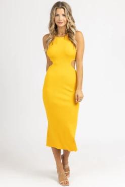 FORE COLLECTION YELLOW OPEN-SIDE RIBBED MIDI DRESS *BACK IN STOCK* BEST SELLERS