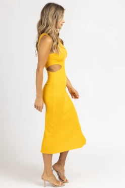FORE COLLECTION YELLOW OPEN-SIDE RIBBED MIDI DRESS *BACK IN STOCK* BEST SELLERS