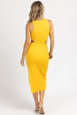 FORE COLLECTION YELLOW OPEN-SIDE RIBBED MIDI DRESS *BACK IN STOCK* BEST SELLERS