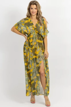 OLIVACEOUS NEW ARRIVALS YELLOW PALM COLD SHOULDER MAXI DRESS