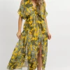 OLIVACEOUS NEW ARRIVALS YELLOW PALM COLD SHOULDER MAXI DRESS