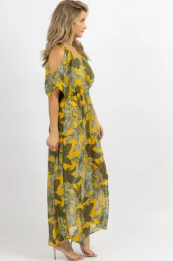 OLIVACEOUS NEW ARRIVALS YELLOW PALM COLD SHOULDER MAXI DRESS