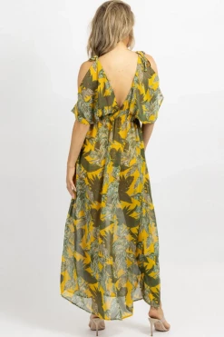 OLIVACEOUS NEW ARRIVALS YELLOW PALM COLD SHOULDER MAXI DRESS