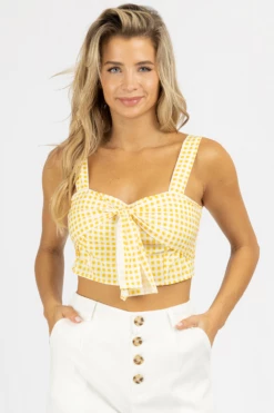 SUNDAY UP YELLOW PLAID KNOTTED CROP TOP CLOTHING