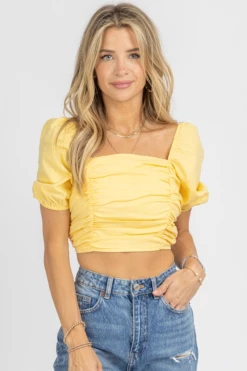 MABLE YELLOW LINEN PUFF SLEEVE OPEN-BACK CROP 7 MABLE YELLOW LINEN PUFF SLEEVE OPEN-BACK CROP