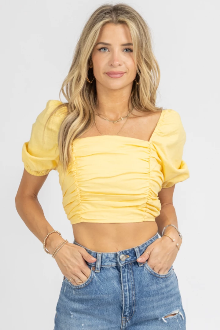 MABLE YELLOW LINEN PUFF SLEEVE OPEN-BACK CROP 4 MABLE YELLOW LINEN PUFF SLEEVE OPEN-BACK CROP