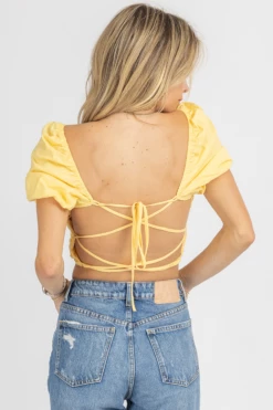 MABLE YELLOW LINEN PUFF SLEEVE OPEN-BACK CROP