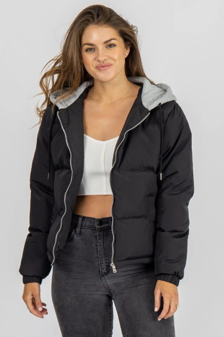 NIC & JO BLACK + GREY HOODED PUFFER JACKET 1 NIC & JO BLACK + GREY HOODED PUFFER JACKET