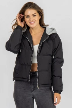 NIC & JO BLACK + GREY HOODED PUFFER JACKET