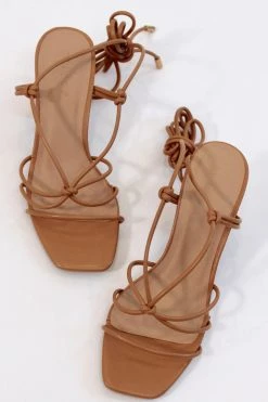 BAMBOO NEW ARRIVALS BROWN STRAPPY TIE ANKLE HEEL